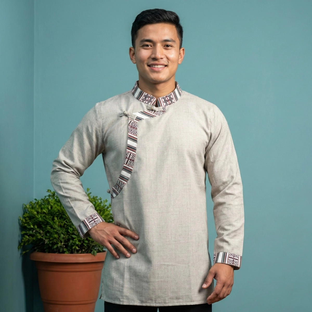 male model styling oatmeal-grey lepcha khenja male model styling oatmeal-grey lepcha khenja