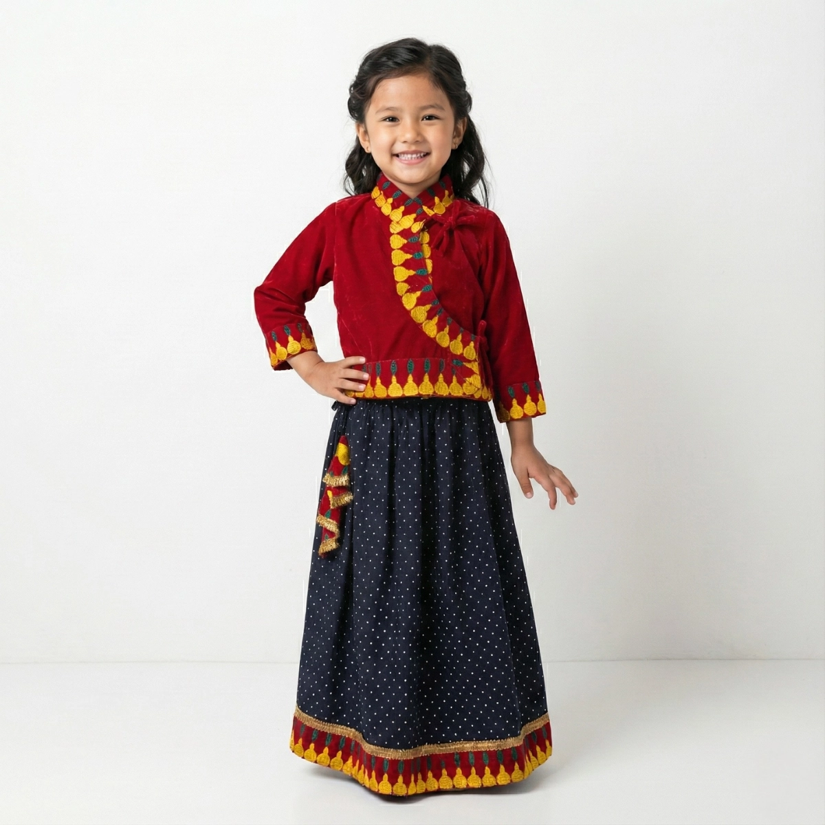 red top jacket and lehenga for girls