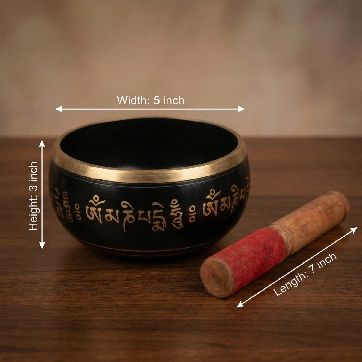 5-inch Tibetan singing bowl set — brass body, wooden mallet with red suede tip — size reference