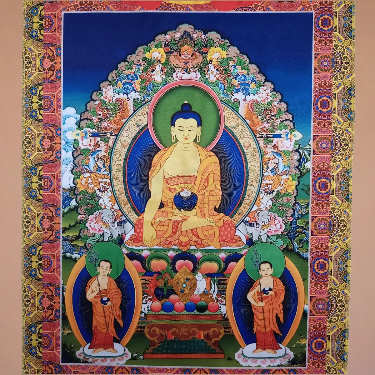 Close up shot of Shakyamuni Buddha printed Thangka — gold brocade scroll, lotus throne