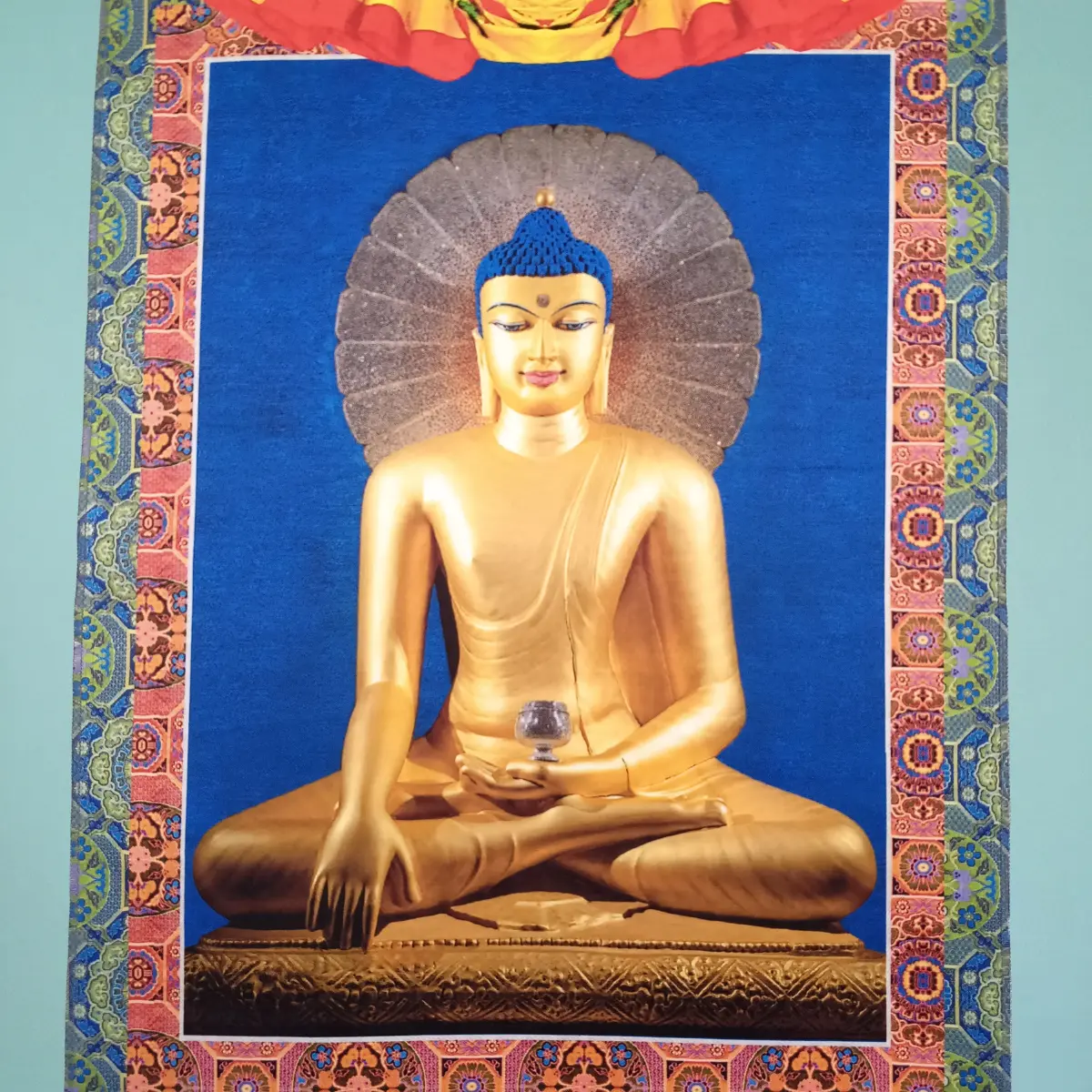 Close up view of Golden Buddha Thangka printed poly-silk