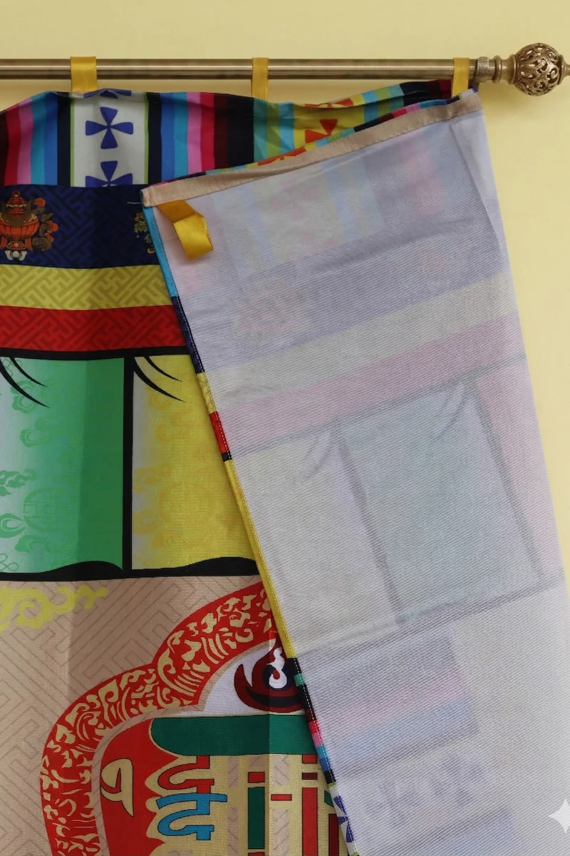 Close up view of Tibetan door curtain with Kalachakra Namchu Wangden and Dharma Wheel (1)