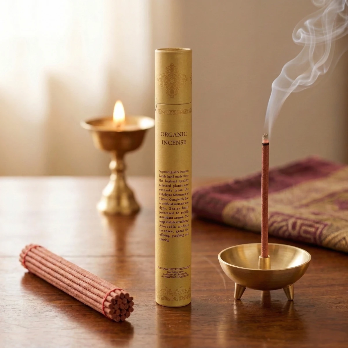 Description of Riwo Sangcho Himalayan organic incense tube — Garuda emblem and Tibetan script, smoking stick in brass tripod holder