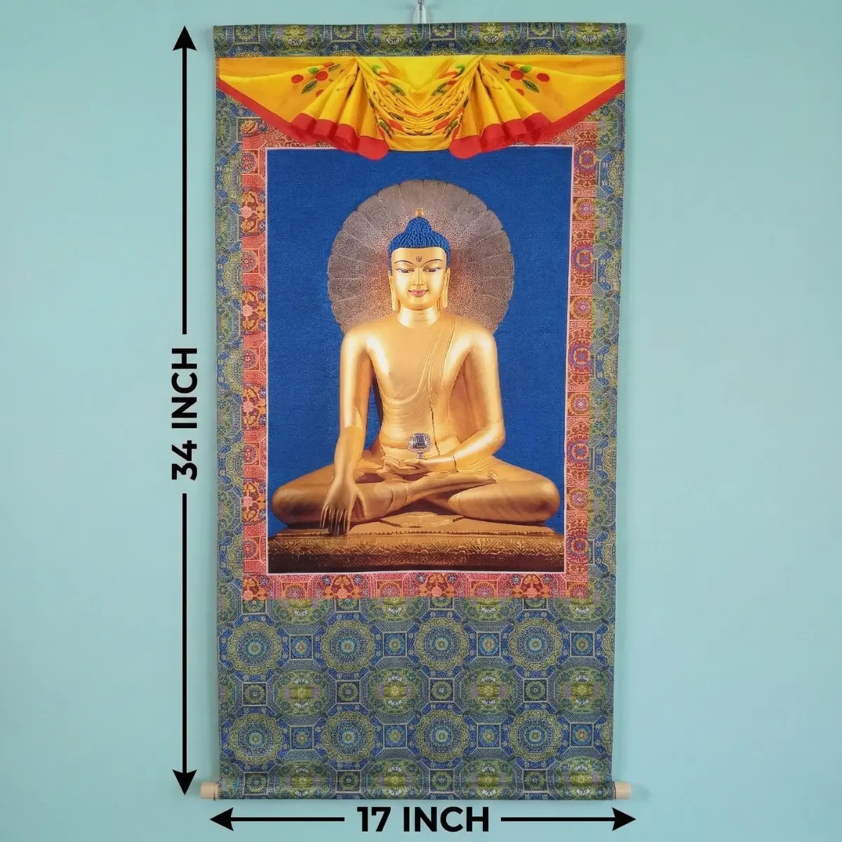 Dimension of Golden Buddha Thangka printed poly-silk — gilt sculpture