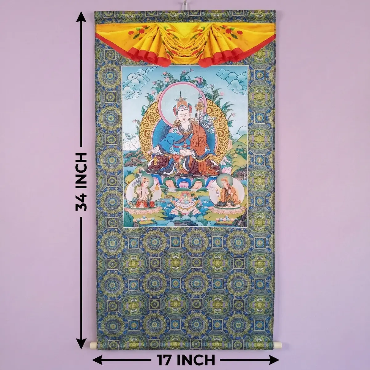 Dimension of Guru Rinpoche Thangka printed poly-silk — blue brocade scroll