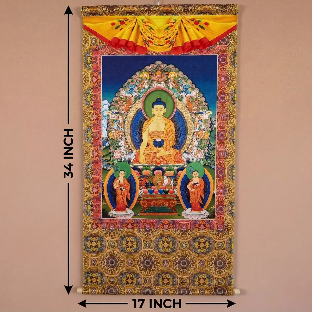 Dimension of Shakyamuni Buddha printed Thangka — gold brocade scroll, lotus throne