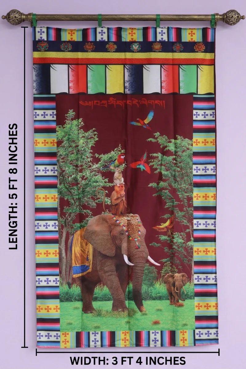 Dimension size of Tibetan door curtain with caparisoned elephant, monkeys, and parrots on maroon wildlife motif