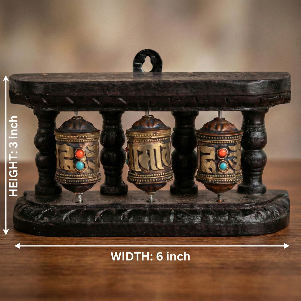 Dimensions of 3-wheel Tibetan prayer wheel stand