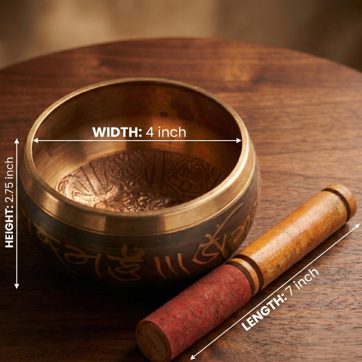 Dimensions of 4 inch bronze Tibetan singing bowl with hardwood red suede
