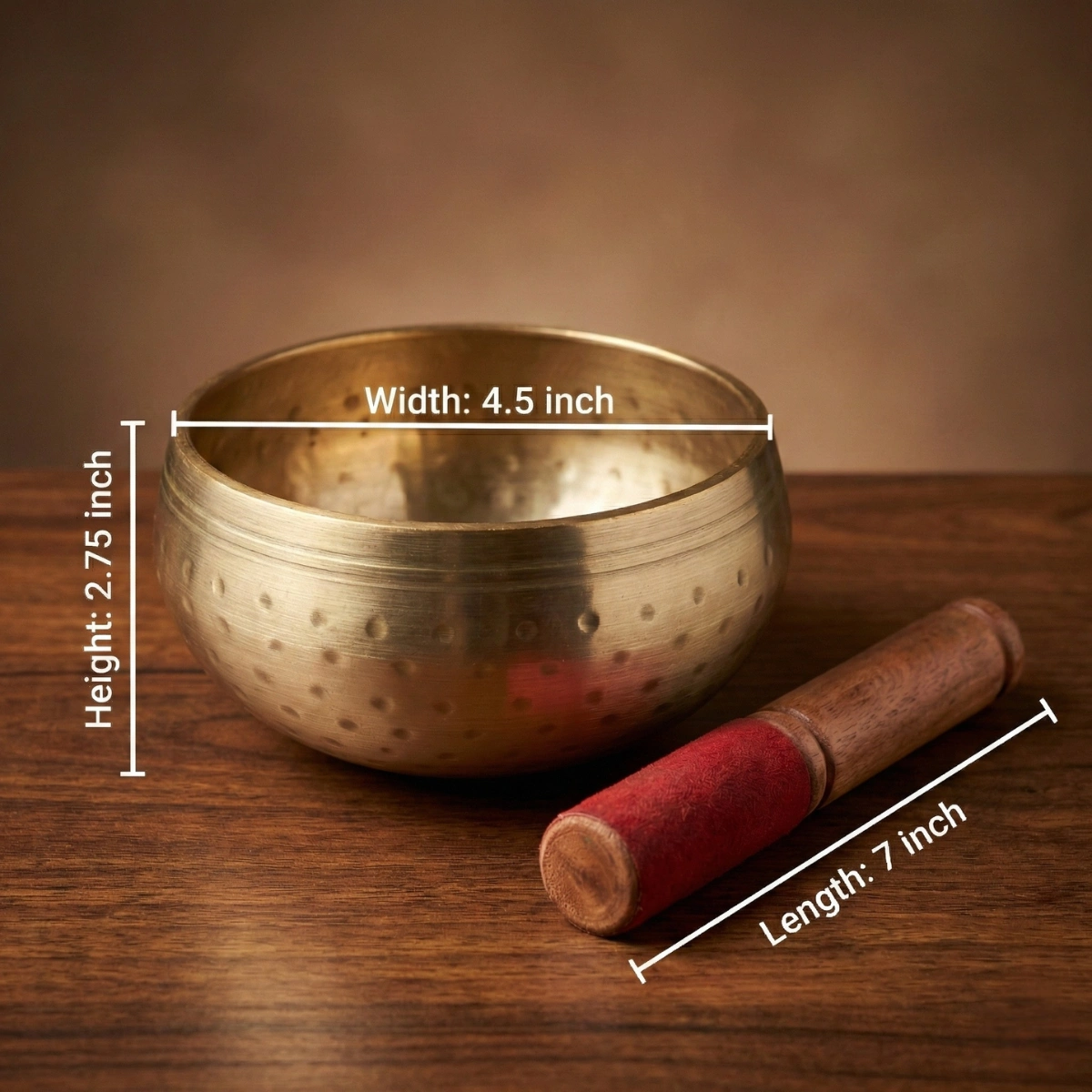 Dimensions of Plain bronze Tibetan singing bowl 4.5 inch set