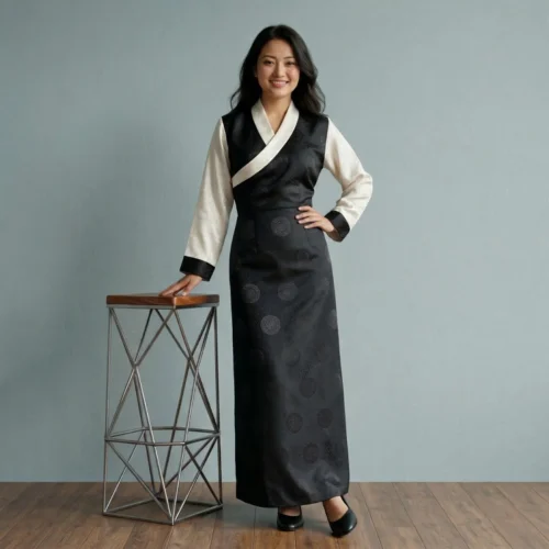 Girl wearing black jacquard one piece bakhu