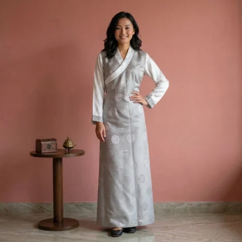 Girl wearing silver jacquard one piece bakhu