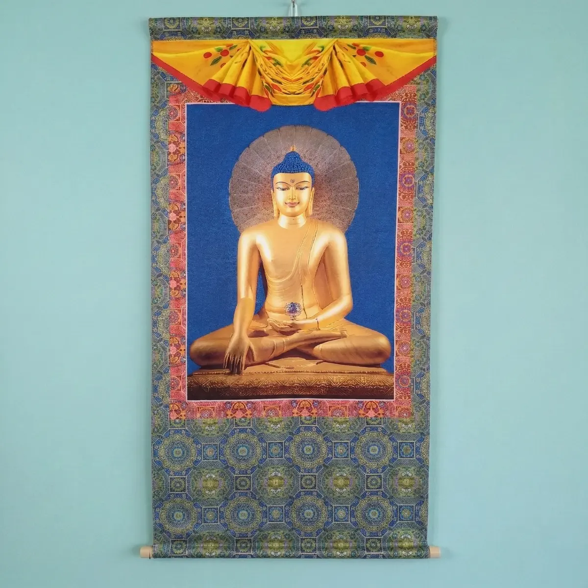Golden Buddha Thangka printed poly-silk — gilt sculpture, bhumisparsha mudra, blue brocade border