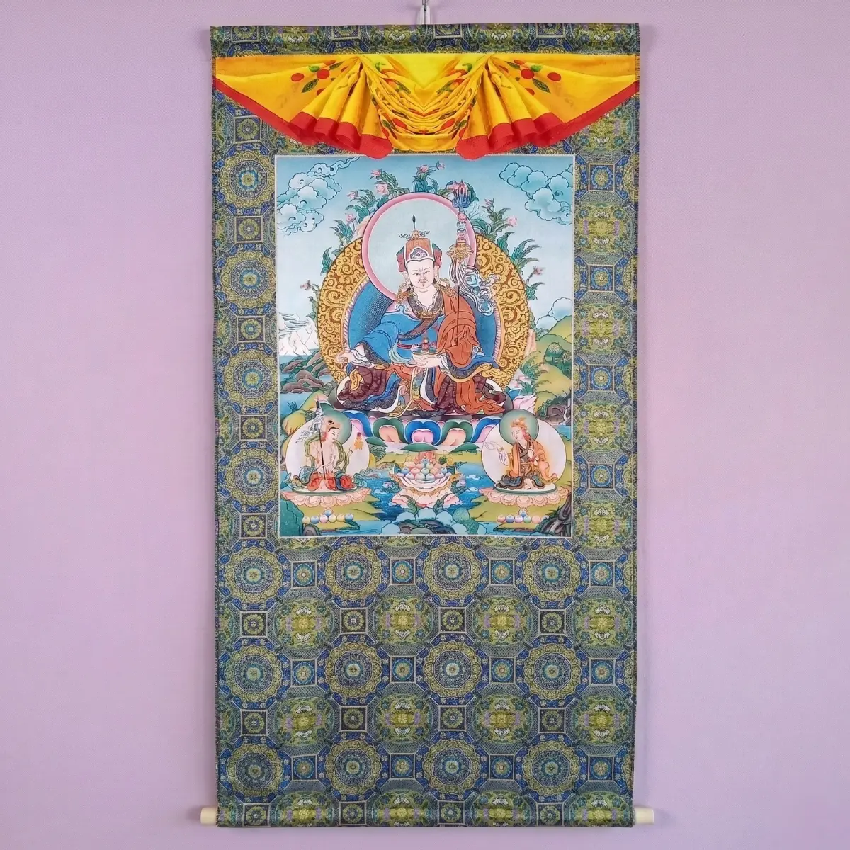 Guru Rinpoche Thangka printed poly-silk — blue brocade scroll, vajra, khatvanga — Tibetan Buddhis