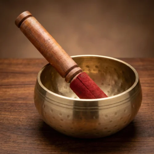 Hand-hammered Tibetan singing bowl 4.5 inch plain bronze set with wooden mallet