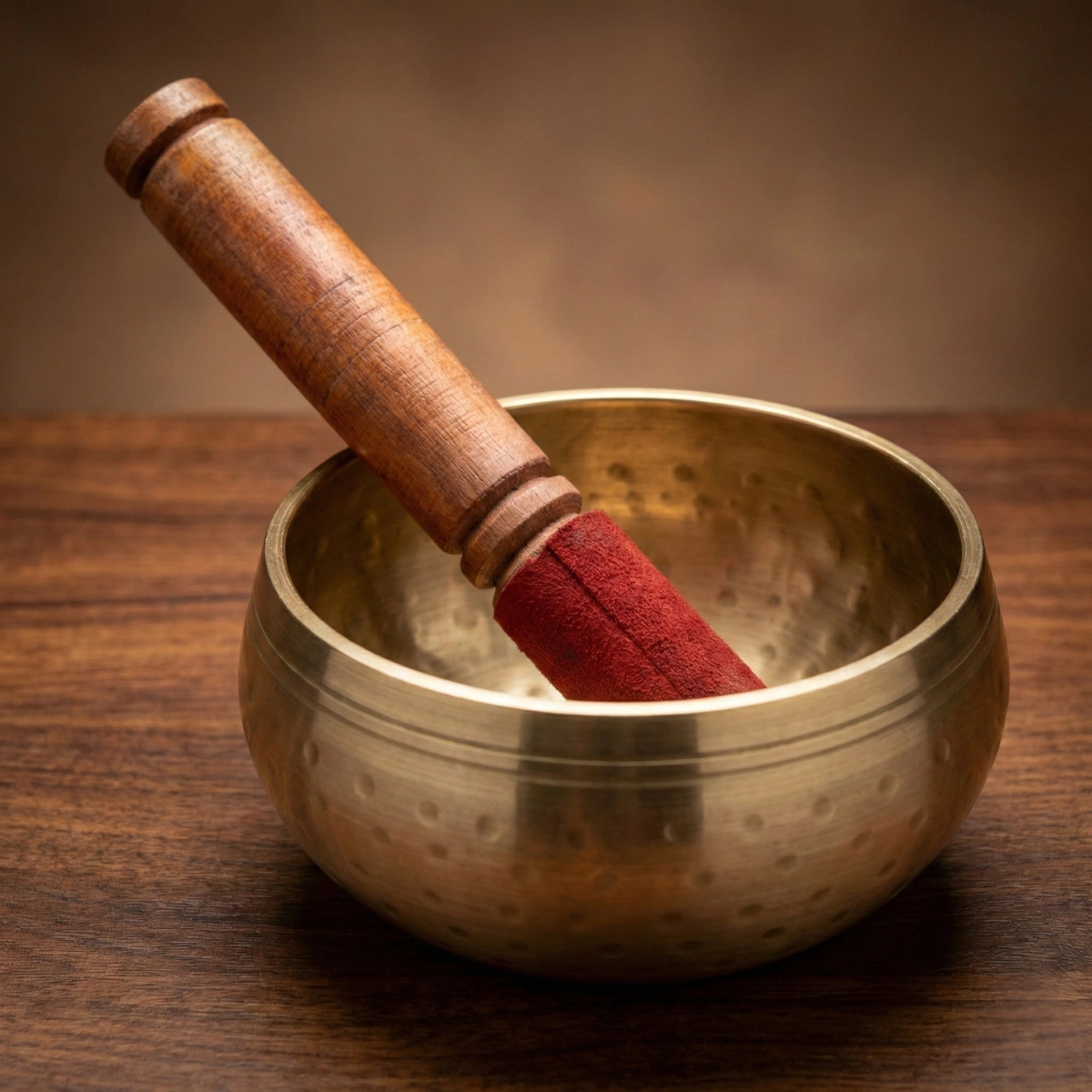 Hand-hammered Tibetan singing bowl 4.5 inch plain bronze set with wooden mallet