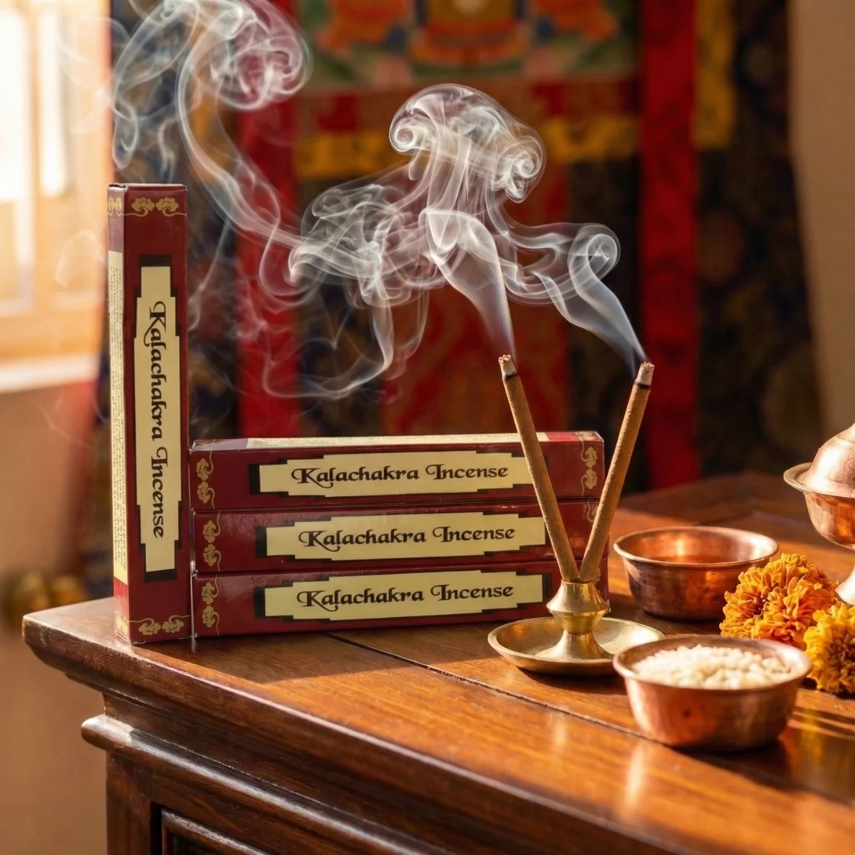 Kalachakra Incense pack of four — burning sticks in brass holder with copper offering bowls — Tibetan puja incense