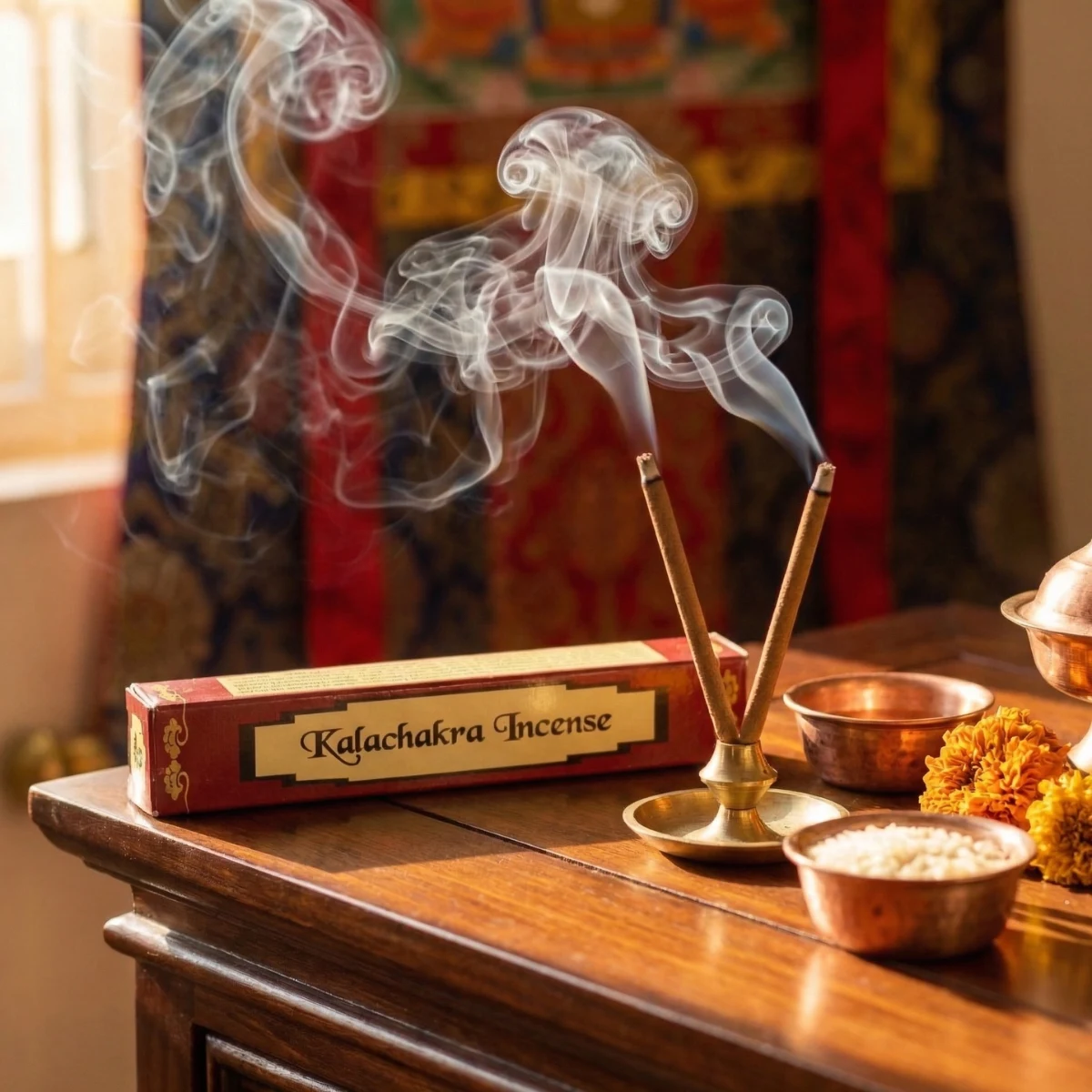 Kalachakra Incense sticks burning in brass holder on wooden altar — traditional Tibetan herbal puja incense