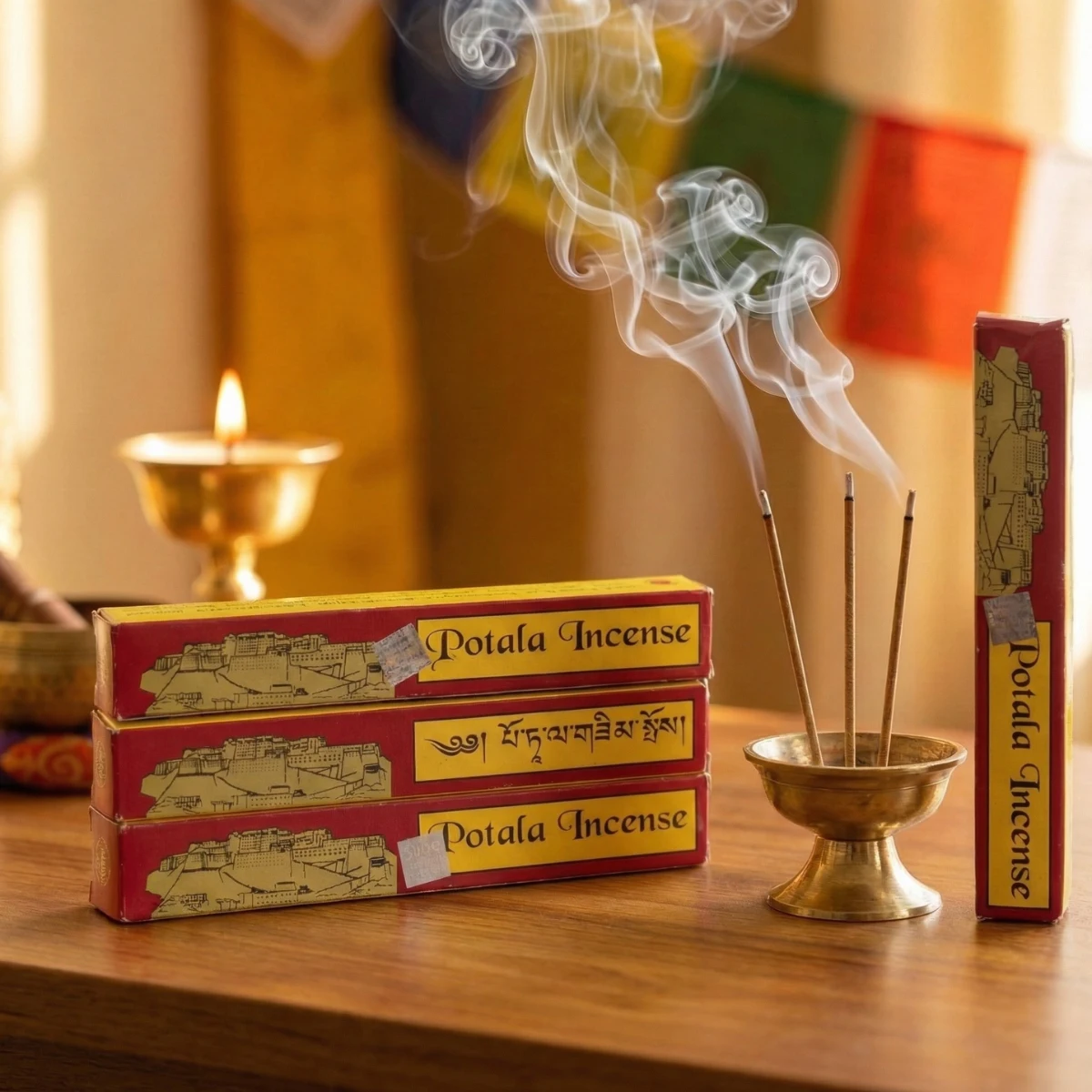 Potala Incense multi-box set with brass puja holder — Tibetan herbal medicinal sticks burning — traditional altar arrangement — BHUTIB