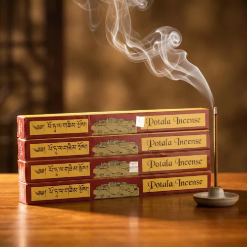 Potala Incense pack of 4 boxes stacked — traditional Tibetan herbal incense — burning stick in ceramic holder beside set