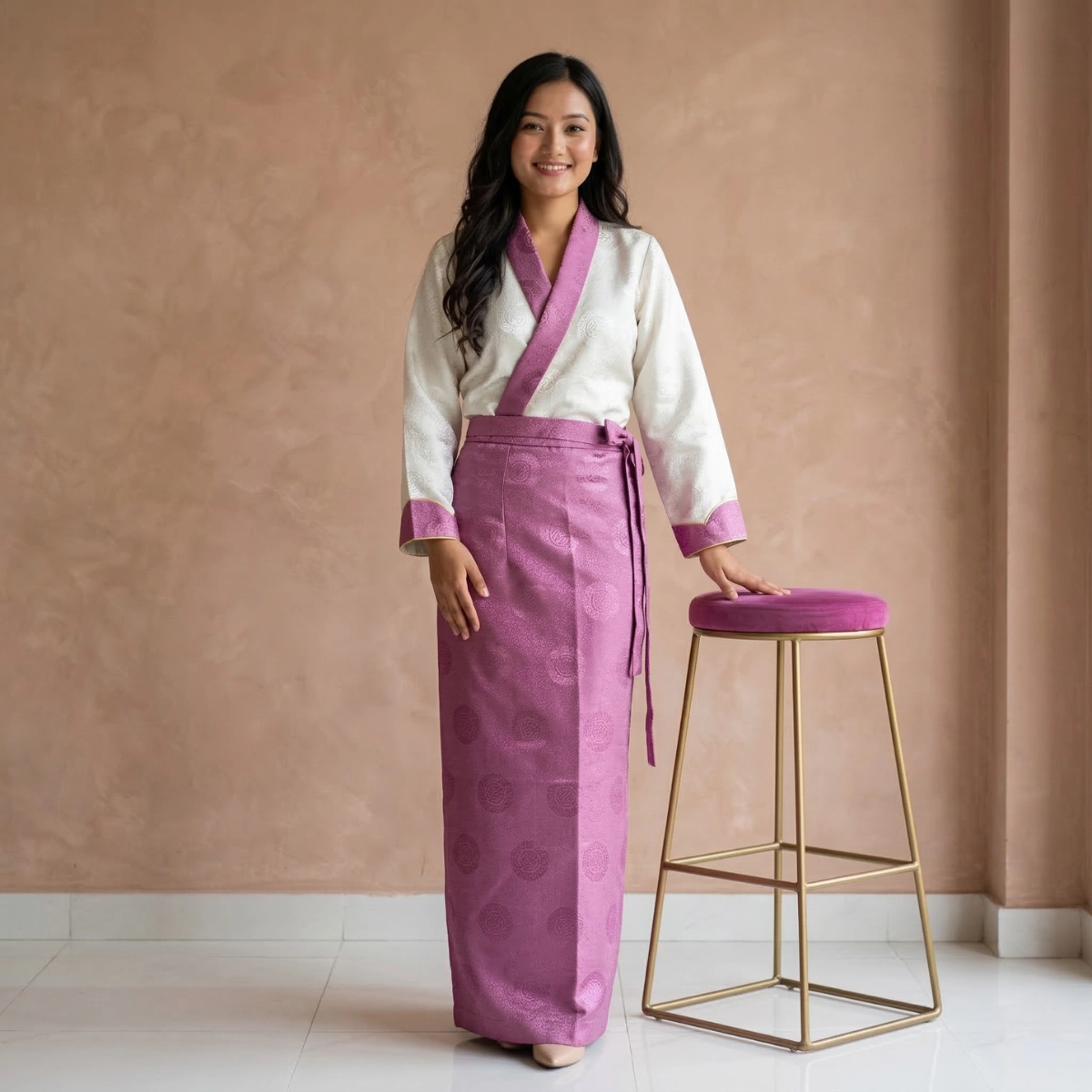 Tego Bakhu two-piece set in Cream Mauve-white jacquard top with mauve medallion wrapper skirt