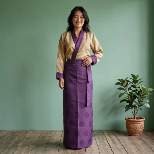 Tego Bakhu two-piece set in Gold Purple-gold jacquard top with deep purple medallion skirt