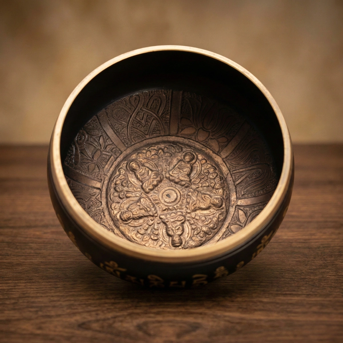 Tibetan brass singing bowl — interior lotus engraving visible