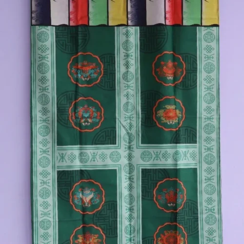 Tibetan door curtain with Eight Auspicious Symbols medallions on emerald green — Ashtamangala fabric panel