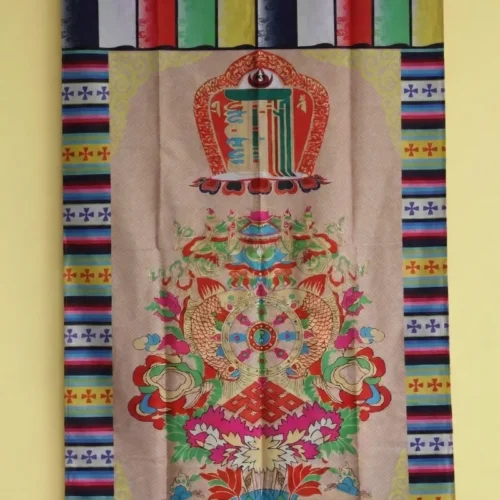 Tibetan door curtain with Kalachakra Namchu Wangden and Dharma Wheel on beige — sacred symbols