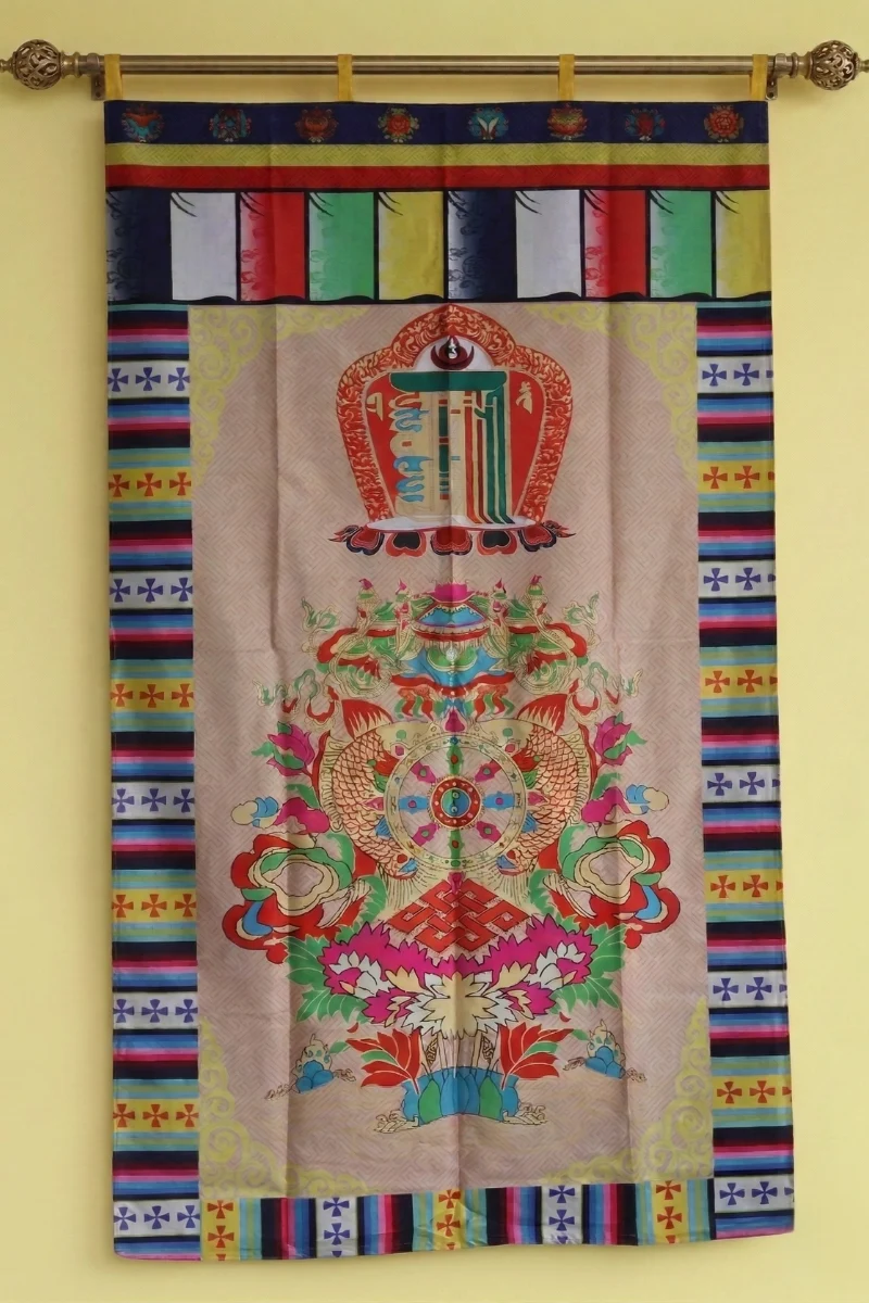 Tibetan door curtain with Kalachakra Namchu Wangden and Dharma Wheel on beige — sacred symbols
