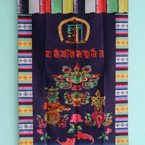 Tibetan door curtain with Namchu Wangden, Ashtamangala symbols, and goldfish on navy blue