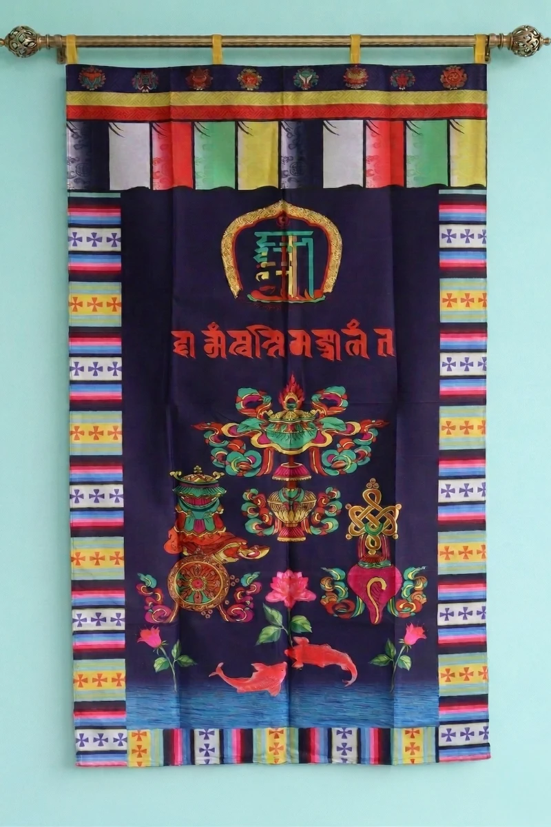 Tibetan door curtain with Namchu Wangden, Ashtamangala symbols, and goldfish on navy blue