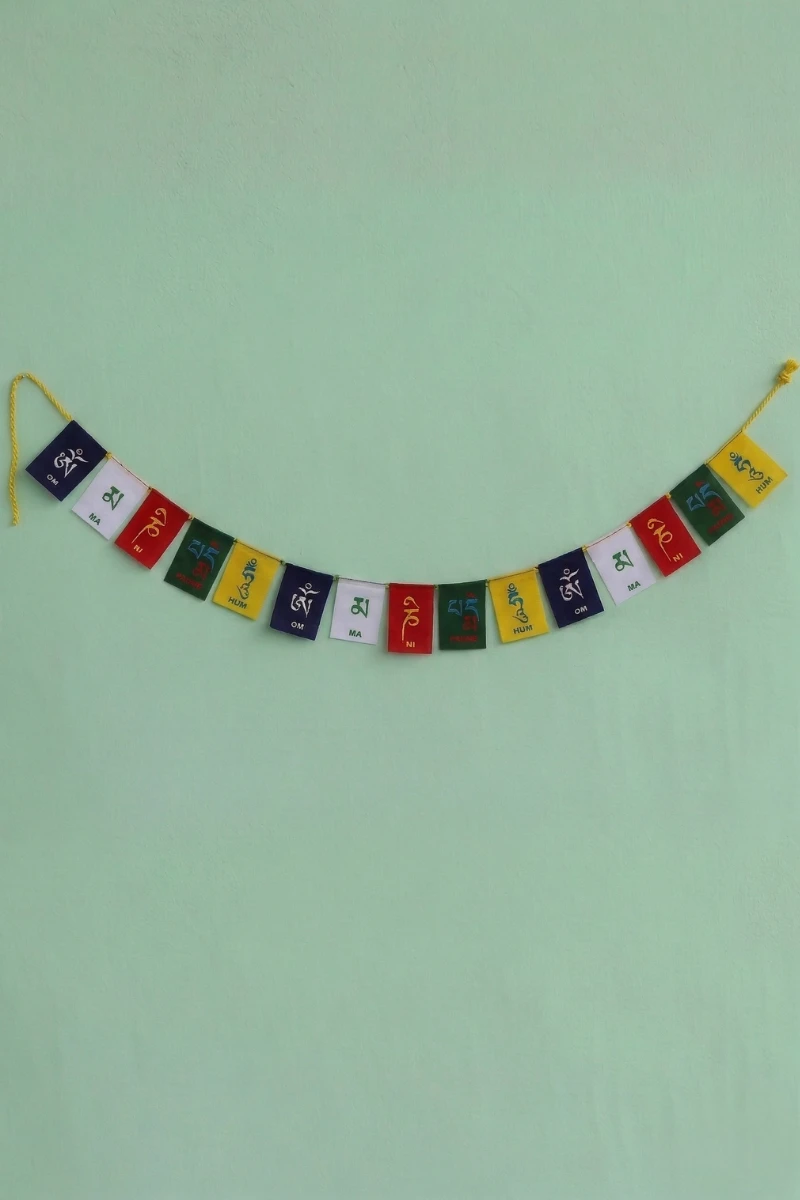 Tibetan prayer flags — mini velvet set of 15 for motorcycle, Om Mani Padme Hum in five Lungta colours on braided cord