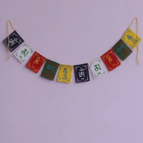 Tibetan prayer flags — velvet set of 10 for car, Om Mani Padme Hum syllables in five colours on braided cord