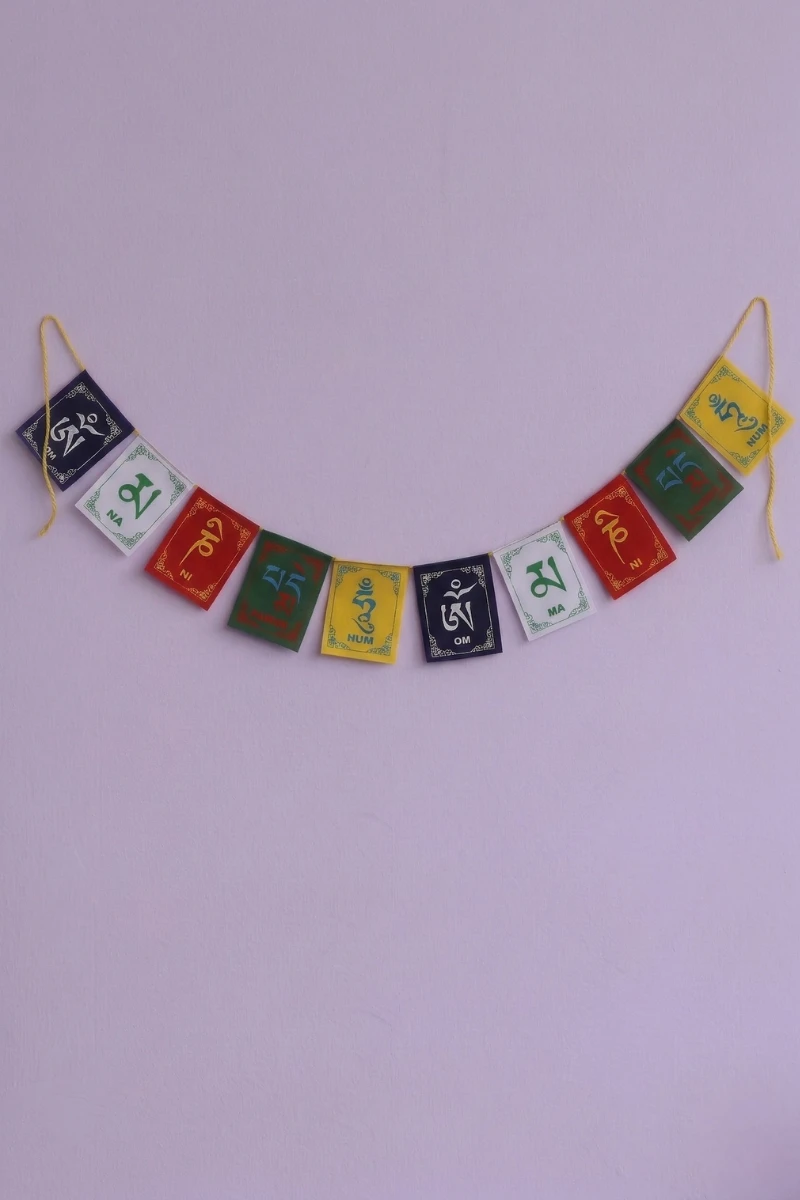Tibetan prayer flags — velvet set of 10 for car, Om Mani Padme Hum syllables in five colours on braided cord