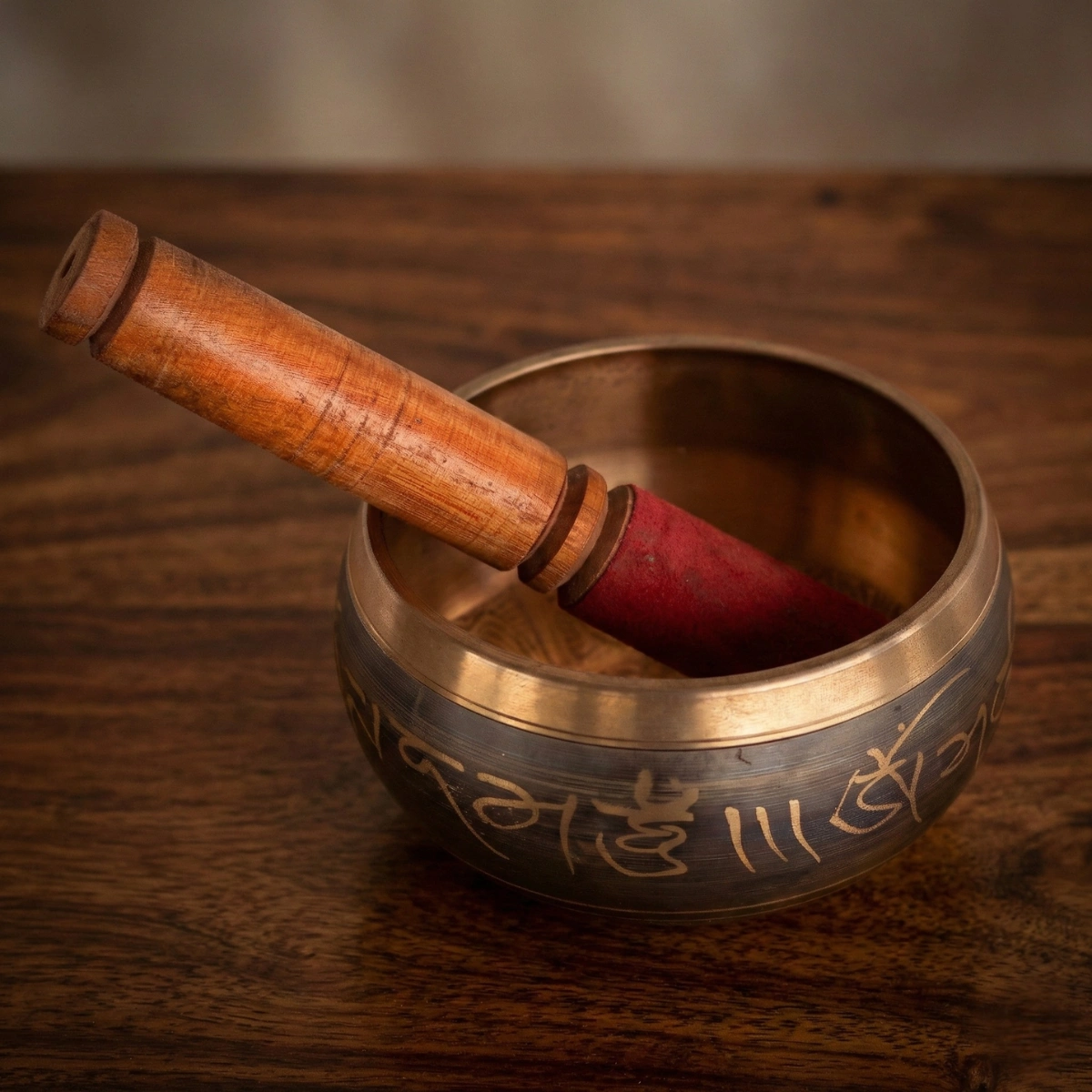 Tibetan singing bowl 4 inch set with wooden mallet — Om Mani Padme Hum engraved bronze, dark oxidised finish