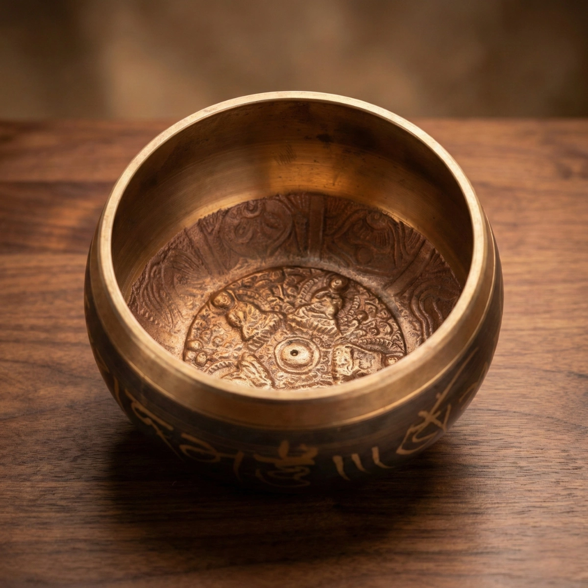 Tibetan singing bowl interior — hand-carved dharma wheel mandala relief at bronze base