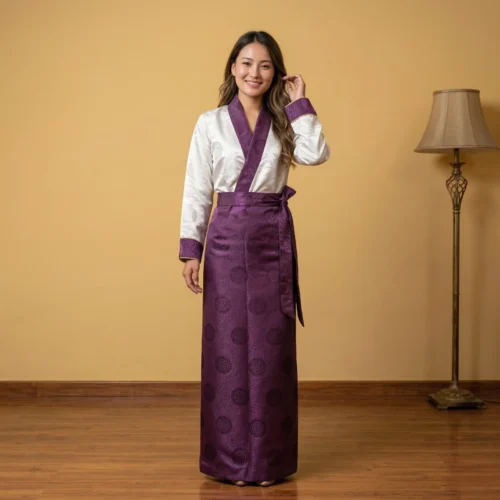 Two-Piece Tego Bakhu Set White Jacquard Wrap Top and Deep Purple Wrapper Skirt