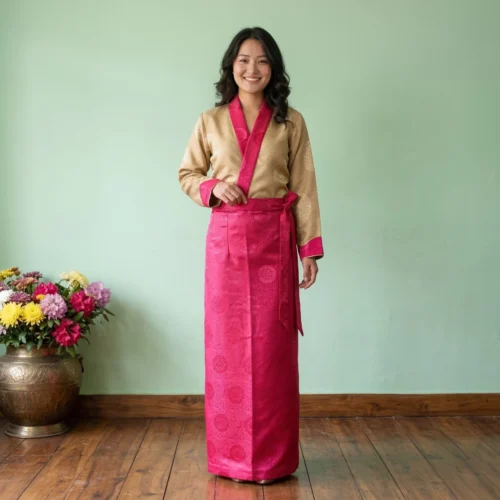 Two-piece Tego Bakhu set in Gold Crimson-gold jacquard top with crimson wrapper skirt