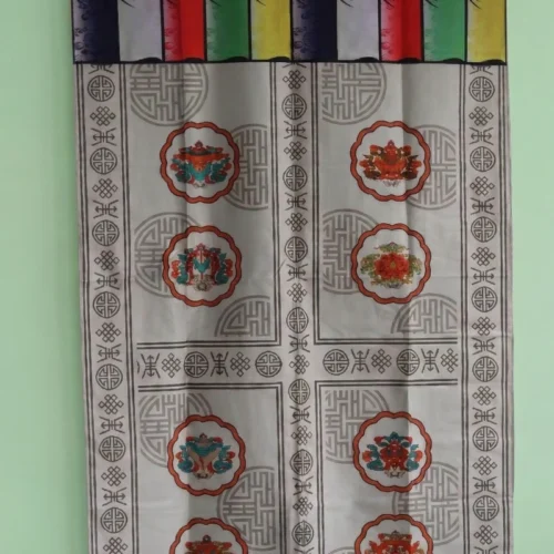 White Tibetan door curtain with Eight Auspicious Symbols medallions