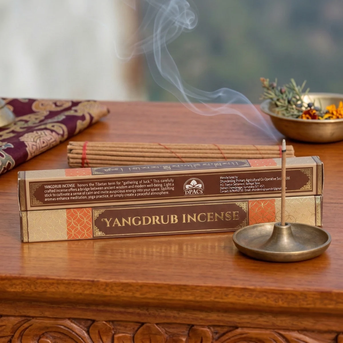 Yangdrub Incense reverse packaging — DPACs Tibetan Settlement manufacturer label, Tibetan herbal sticks