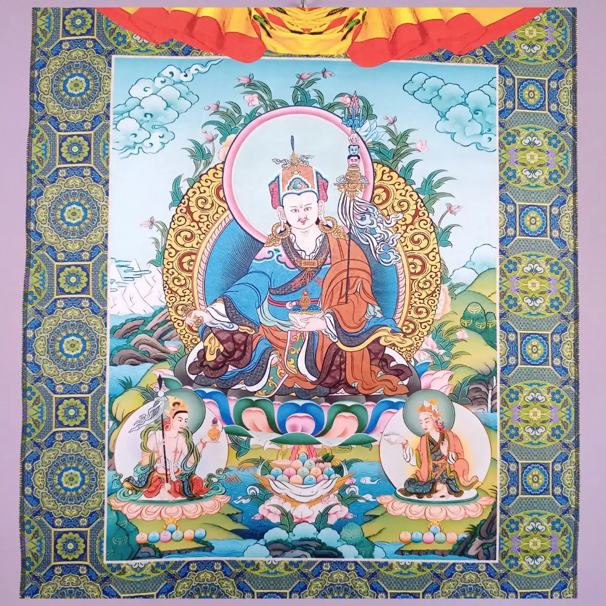 close up shot of Guru Rinpoche Thangka printed poly-silk
