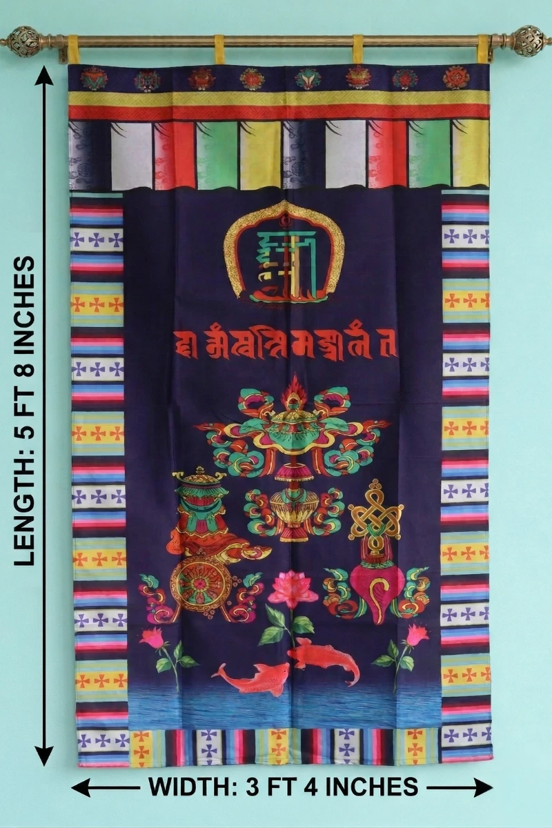 size of Tibetan door curtain with Namchu Wangden, Ashtamangala symbols, and goldfish on navy blue