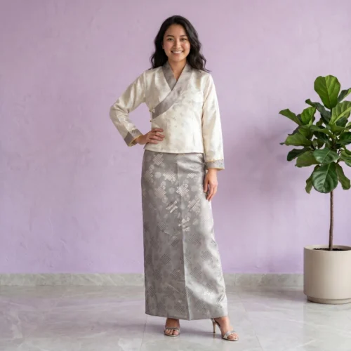 Beautiful girl in Ivory-grey two piece bakhu set
