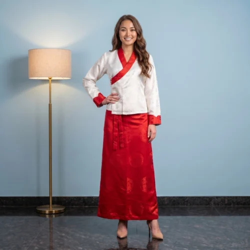Beautiful girl in Ivory-red two piece bakhu set