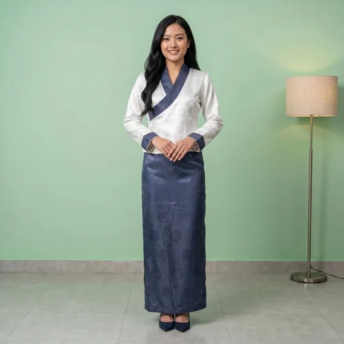 Beautiful girl wearing Ivory Steel-blue two piece bakhu set