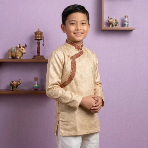 Boy wearing Beige Kids Khenja jacquard top with Tash Kuchin border full body front view