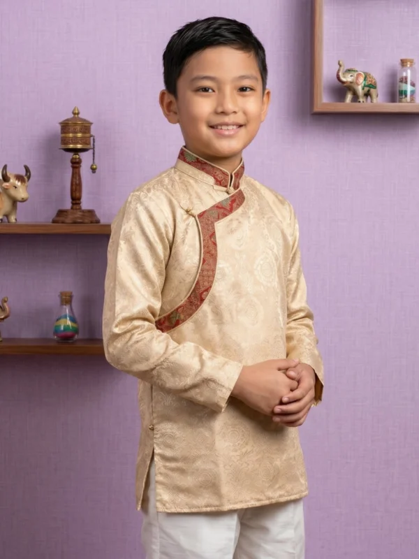 Boy wearing Beige Kids Khenja jacquard top with Tash Kuchin border full body front view