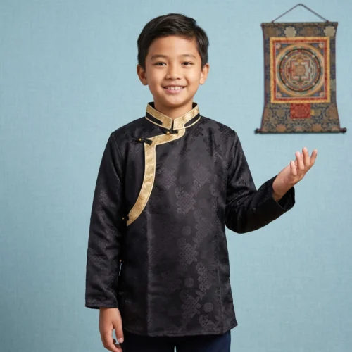 Boy wearing Black Kids Khenja jacquard top with gold Tash Kuchin border waving front view