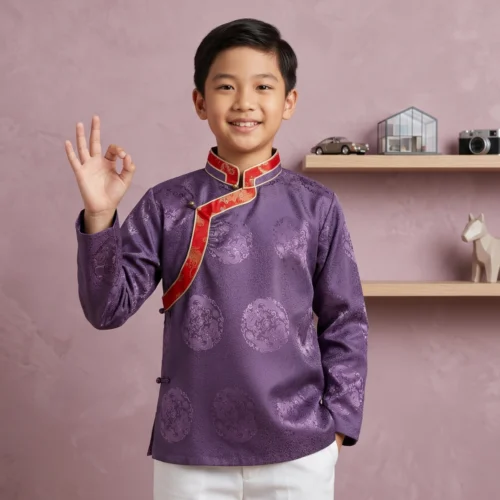 Boy wearing Lavender Kids Khenja jacquard top with red Tash Kuchin border ok gesture front view